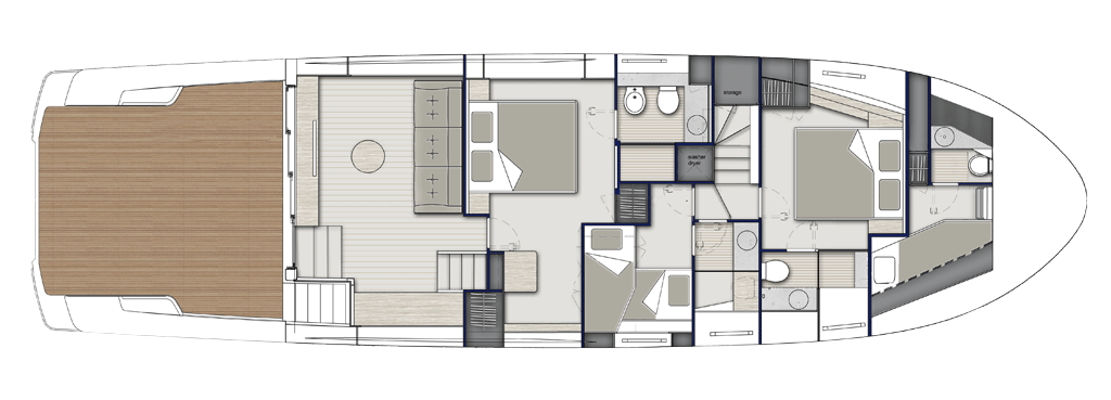 Pregled jahte Bluegame BGX63 - Dizajn donje palube Standard, 3 kabine / 3 kupaonice